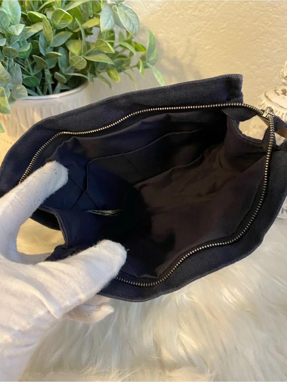 Hermes Navy Canvas Cosmetic Pouch with Contrast Stitching